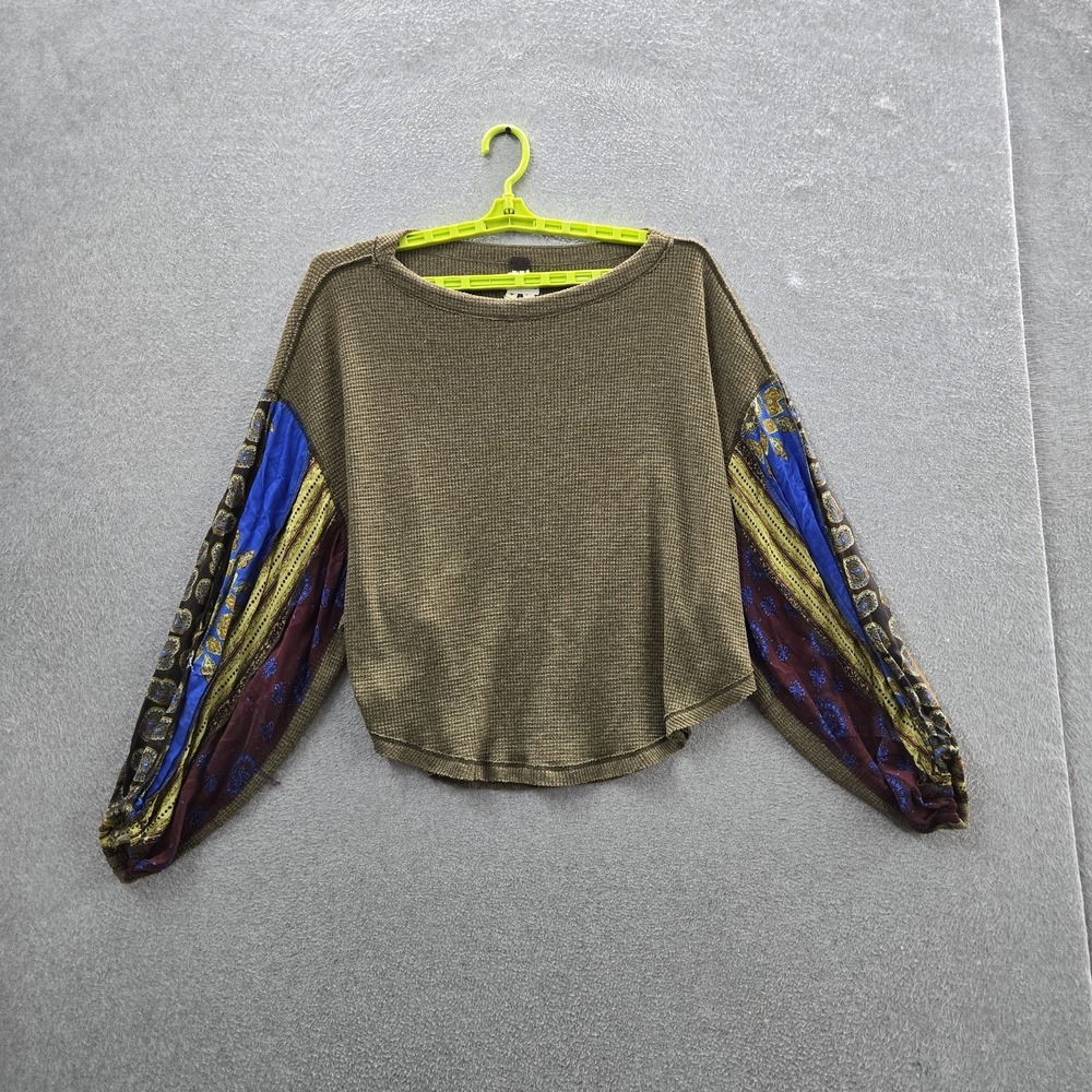 We The Free Women Top S Olive Blossom Thermal Boho Relaxed Long Sleeve